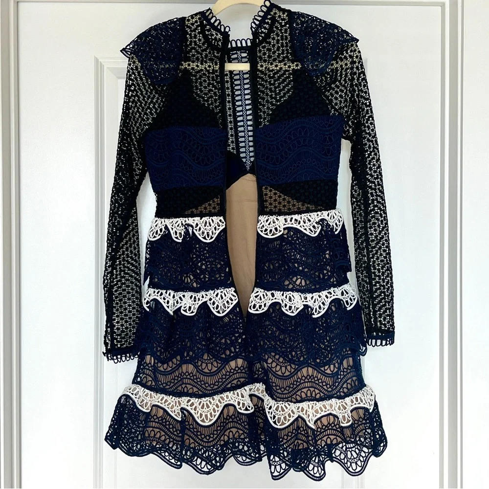 Self-Portrait Wave Guipure Mini Dress Navy US Size 4 - Picture 6 of 10